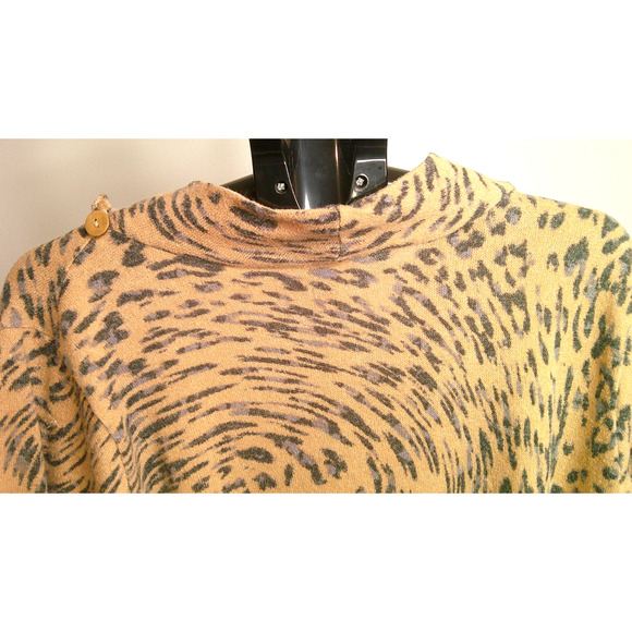Emerald Women's Cowl Neck Tan Black Animal Print Sweater Wrap Front - Picture 4 of 5